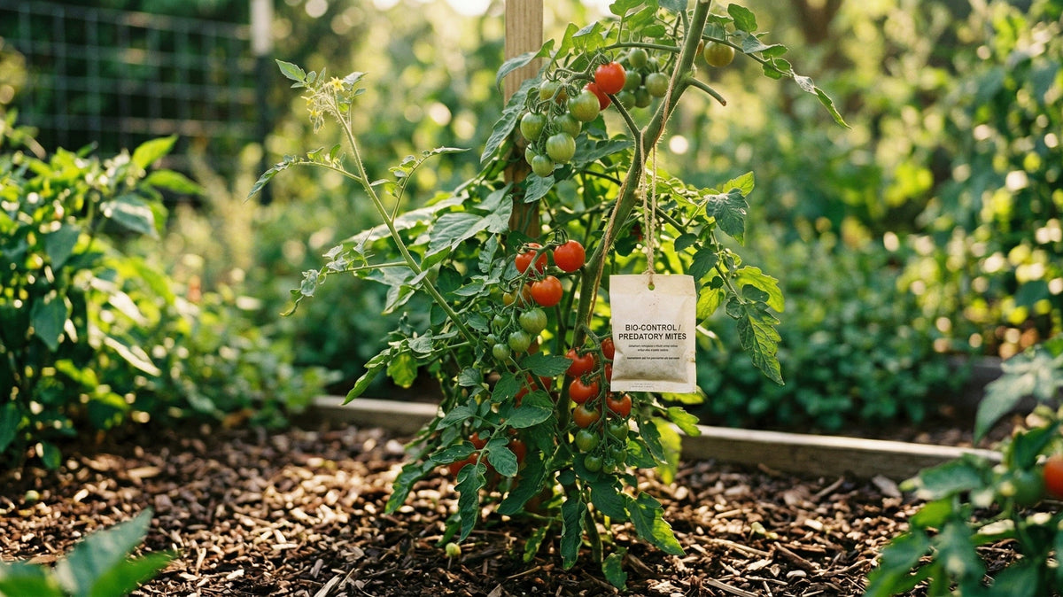 A tomato plant in an outdoor raised bed, heavy with red and green fruit, a paper predatory mite sachet hanging from its stake at mid-height. Bark mulch covers the bed and more planting fills the garden behind.
