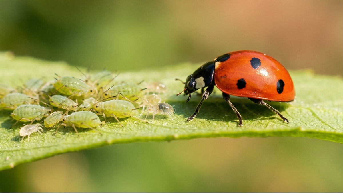 A red seven-spotted ladybug walking along a green leaf toward a dense cluster of pale green aphids gathered at the leaf edge. The aphids are of mixed sizes and none are moving away.