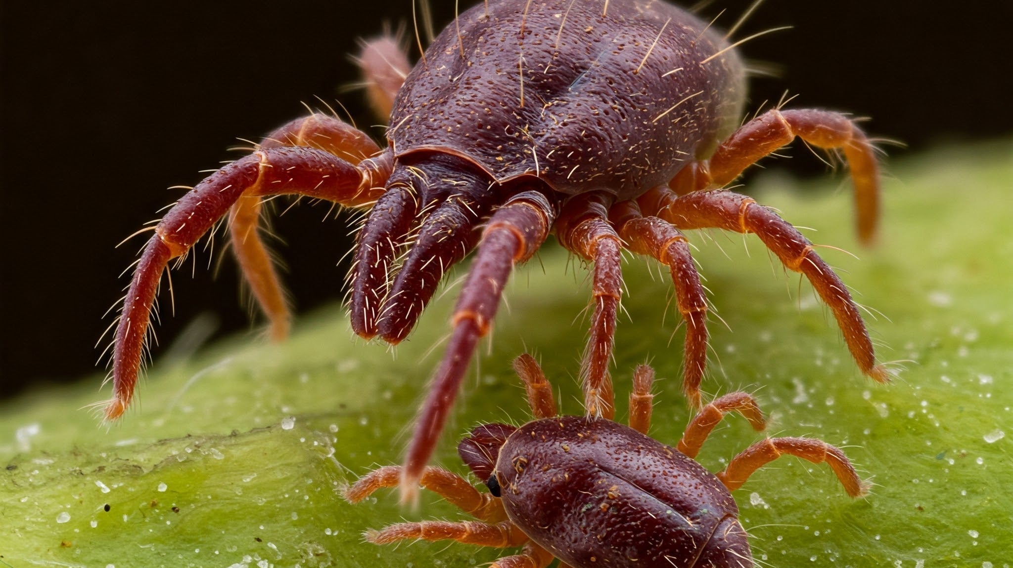 Close-up of predatory mites on a green leaf, effective natural pest control agents against spider mites and thrips.