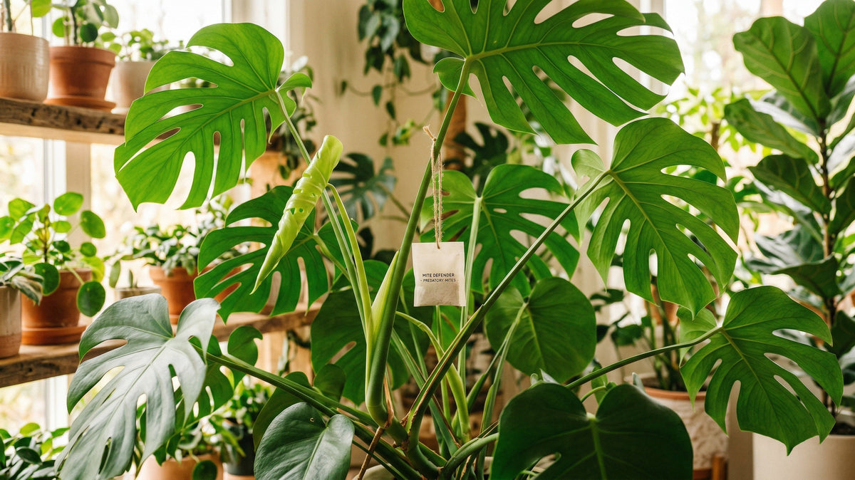 A paper predatory mite sachet hanging from the stem of a large monstera in a bright room full of potted houseplants, shelves of smaller pots behind it. The sachet hangs at mid-canopy height, shaded by the surrounding leaves.
