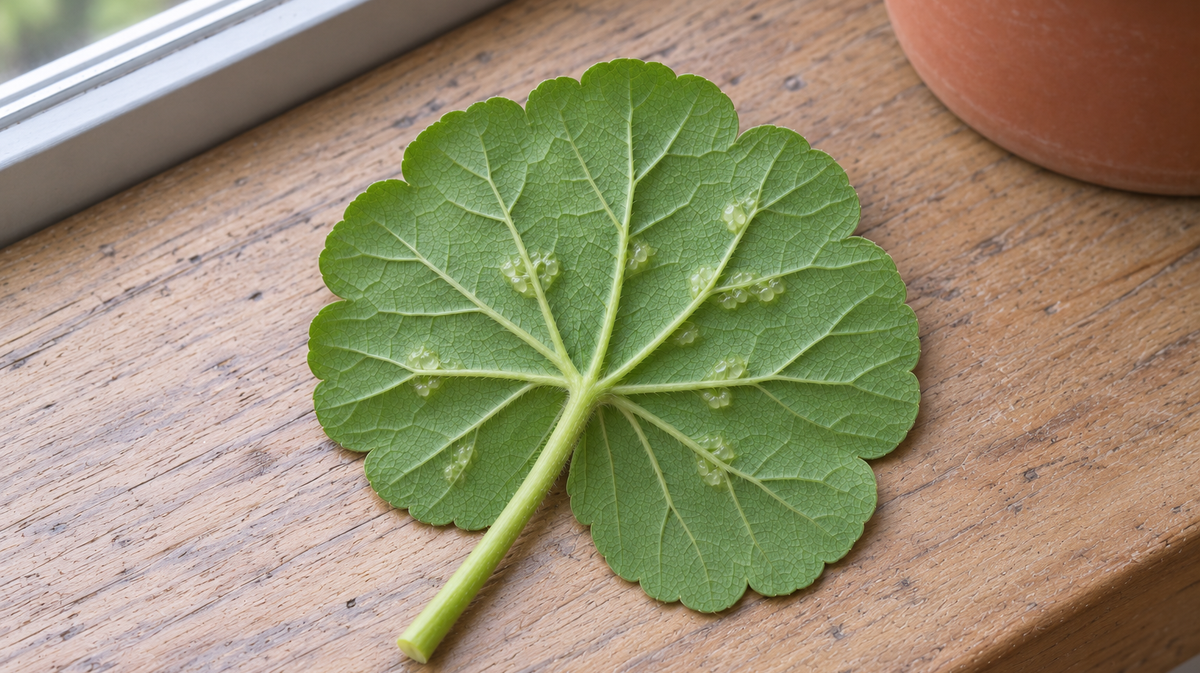 A zonal geranium leaf lying underside up on a wooden windowsill, with clusters of small pale, glassy blisters raised along the veins and the rest of the leaf a healthy green.