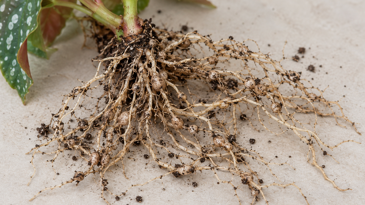 Fine roots of a small spotted begonia lifted from its pot and laid on a pale surface, strung with pale knobby swellings along their length, with crumbs of potting mix scattered around.