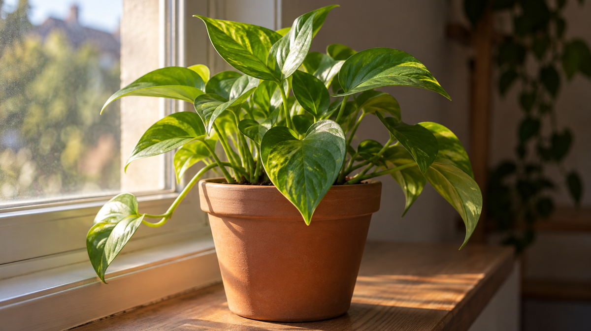 A potted pothos on a wooden windowsill, half in warm late afternoon window light and half in cool interior shadow.