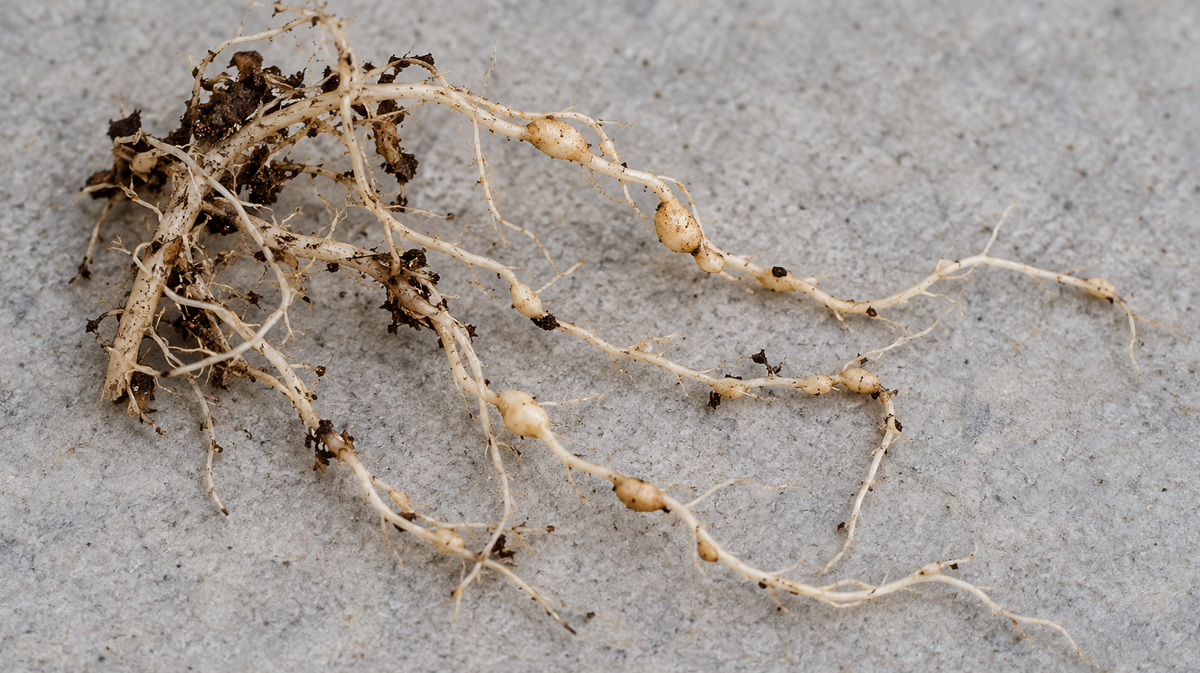 Macro photo of fine pale roots on a plain grey surface, with several small swellings that are part of the root itself, the look of root-knot galls on a houseplant, and a few crumbs of potting mix. No hands.