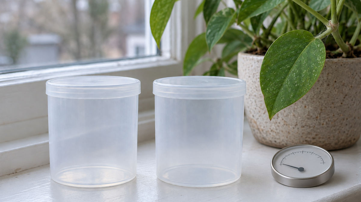 Two identical blank containers side by side on a windowsill, a round dial hygrometer beside them with its needle low, and behind them a potted pothos whose leaf shows fine pale stippling and a trace of silk at the stem junction.