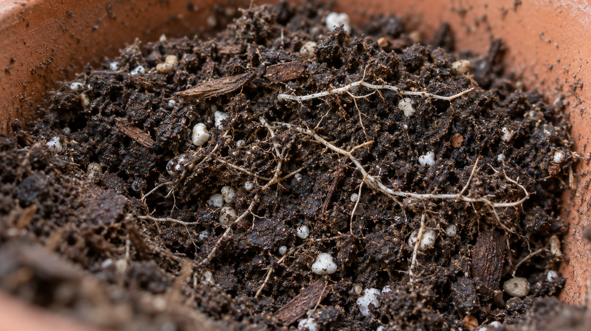 Macro photo of dark, crumbly potting mix with bark and perlite in a terracotta pot, a few fine pale roots running through the crumbs. Quiet documentary style, no plants or products in frame.
