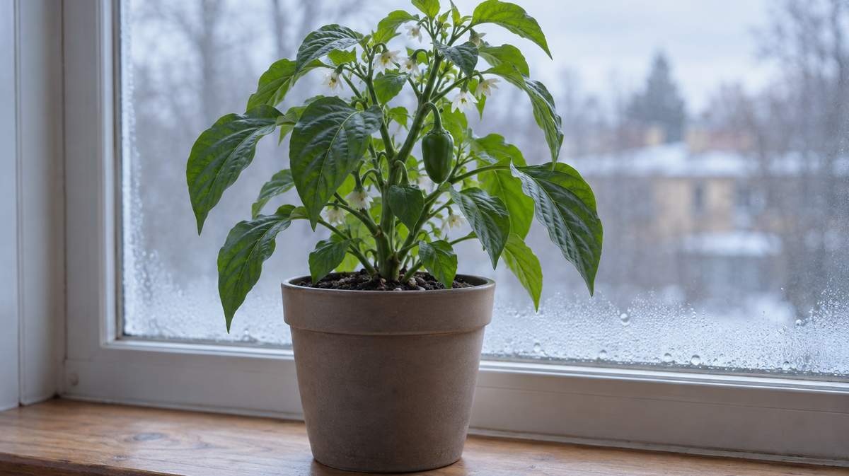 A healthy flowering pepper plant in a pot on a wooden windowsill, with condensation on the cold window glass and a snowy street behind.