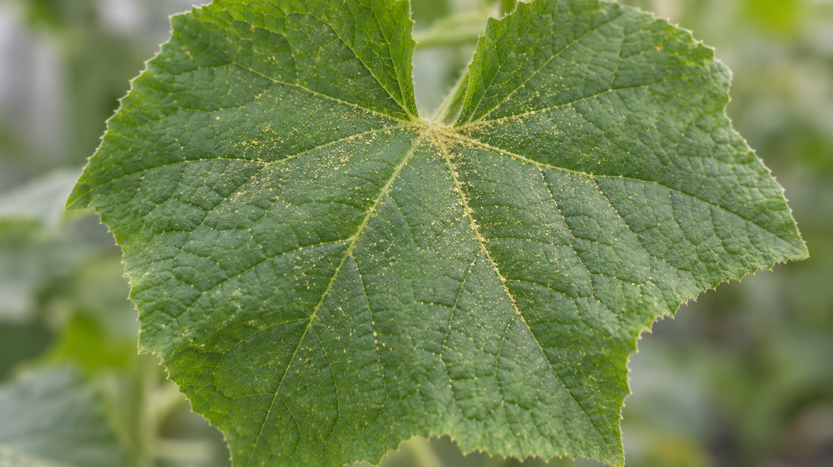 A cucumber leaf seen from above in soft light, with a fine scatter of pale yellow pollen dust across the surface and gathered along the veins.