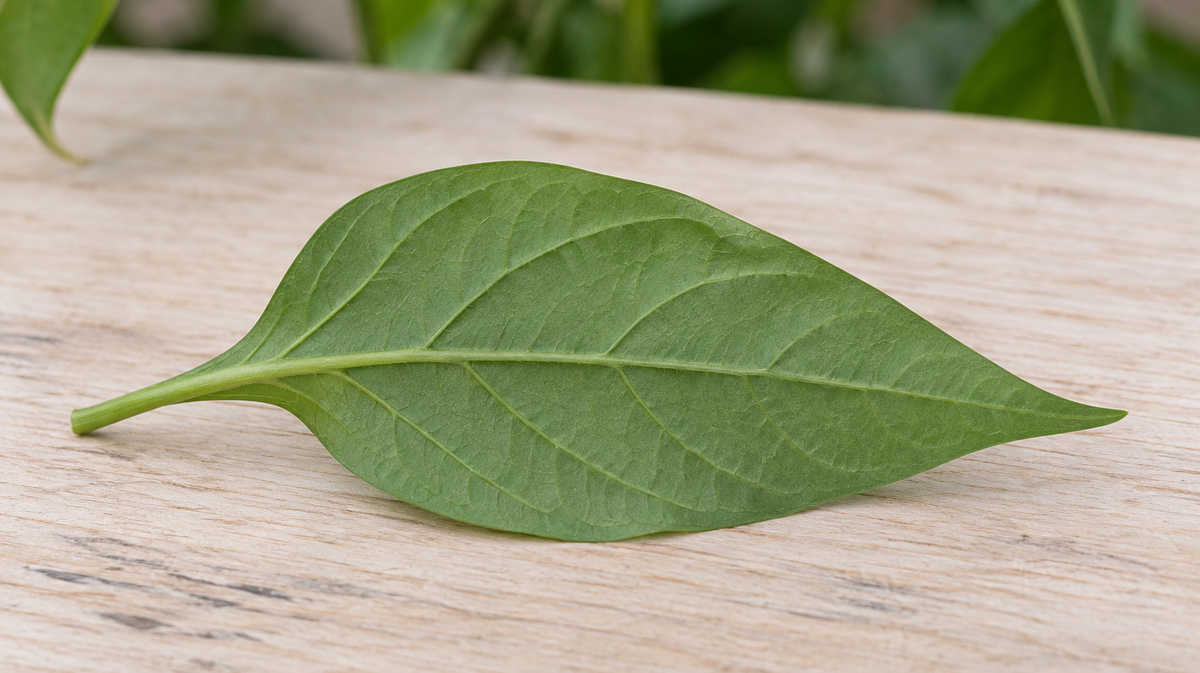 The underside of a healthy pepper leaf lying on a pale wooden surface, evenly green and clean, with no stippling, webbing or insects.