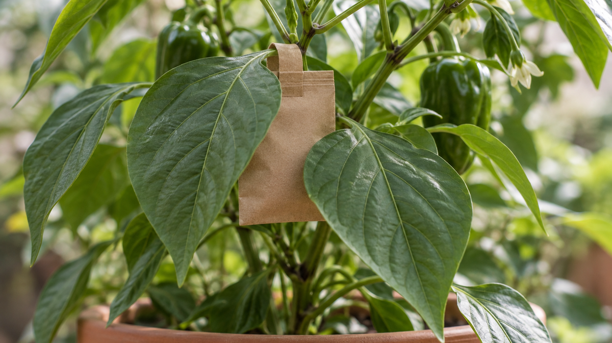 A small plain paper sachet hooked over a stem inside the canopy of a pepper plant in a terracotta pot, with two large leaves overlapping it.