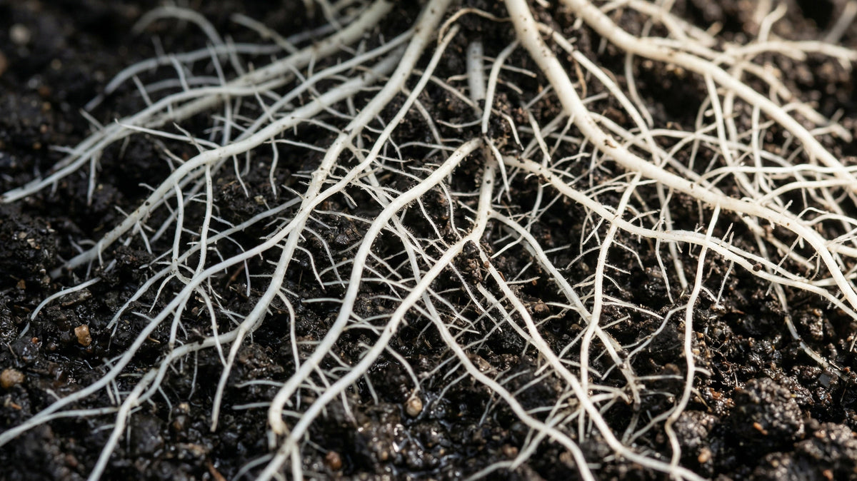 A dense network of fine white roots spread through dark, moist soil, photographed close. The thicker roots branch repeatedly into much finer threads, with soil visible in the gaps between them.