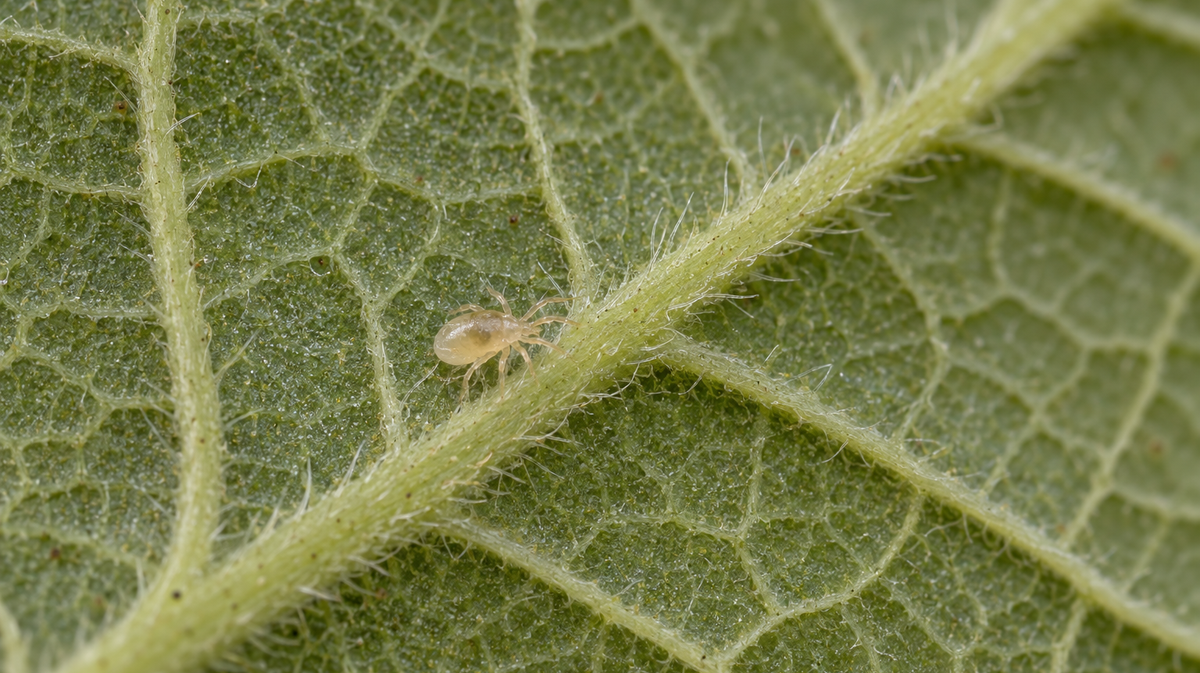 AI-generated macro illustration in photographic style of a pale predatory mite beside a leaf vein.