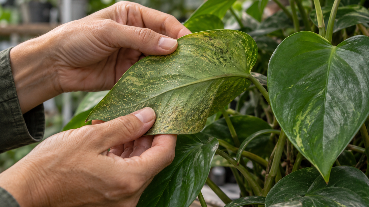 AI-generated photographic scene of a hand turning a stippled leaf for inspection.