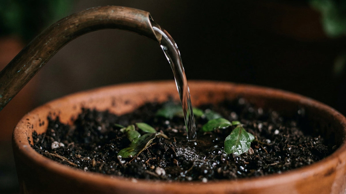 Water pouring in a steady stream from the spout of a metal watering can into a terracotta pot of dark potting mix flecked with perlite. The soil surface is already wet and a few small green leaves lie on top of it.