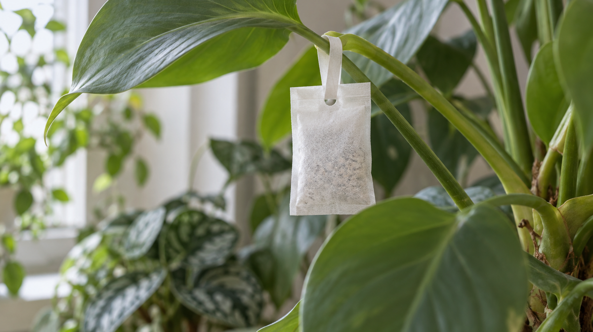 Predatory mite sachet hanging beneath healthy houseplant foliage
