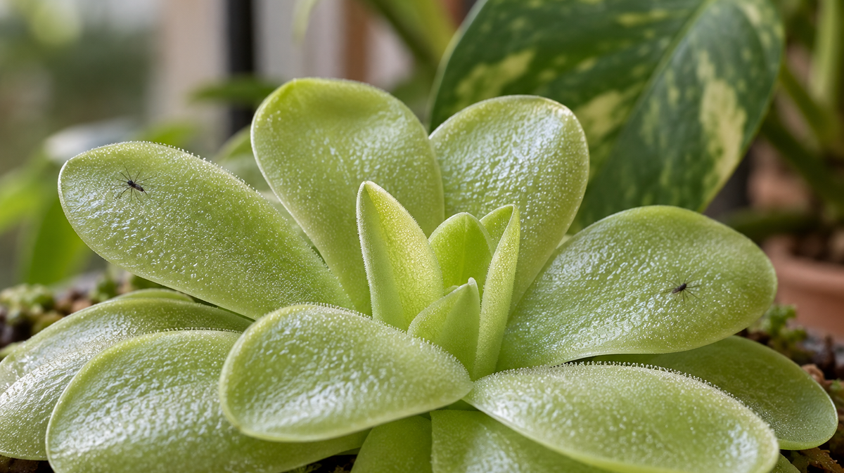 Illustrative macro image of a butterwort with small insects on its sticky leaves, beside a houseplant.