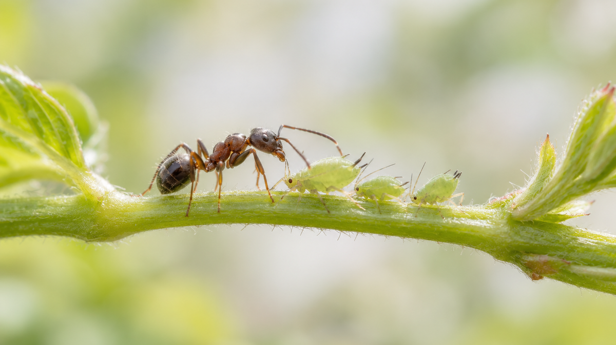 A dark ant beside green aphids on a tender plant stem.
