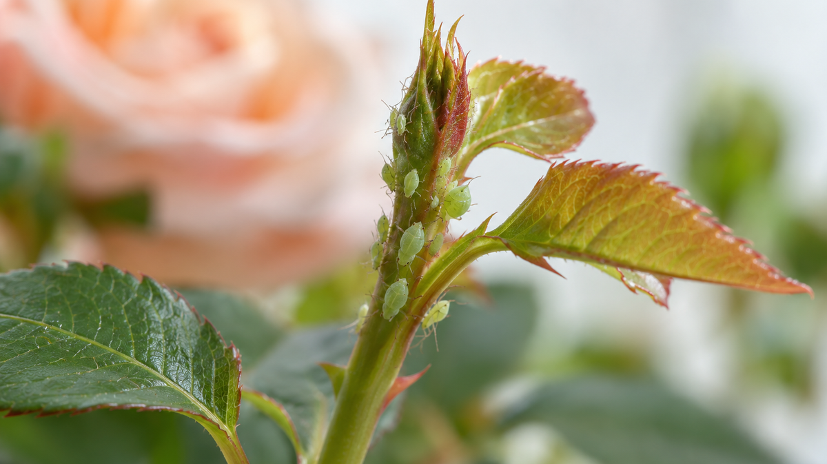 Small aphid colony on a tender rose growing tip.