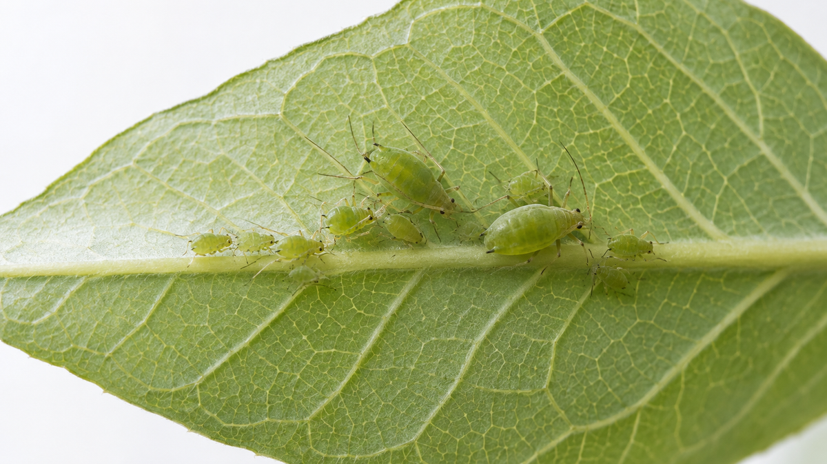 Green aphids along a leaf underside and midrib.