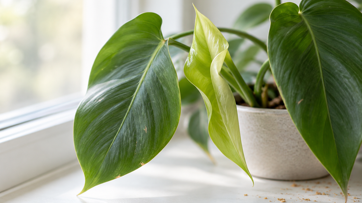 New philodendron growth above older leaves with a few carrier fragments.