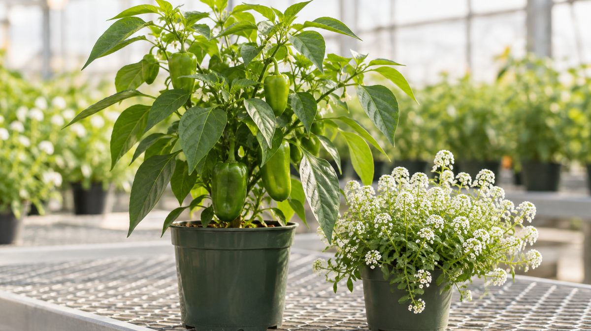 Pepper plant beside flowering alyssum on a bright growing bench.