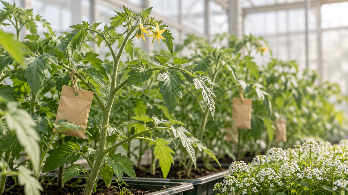 Young tomato plants with plain hanging sachets and a tray of flowering alyssum.