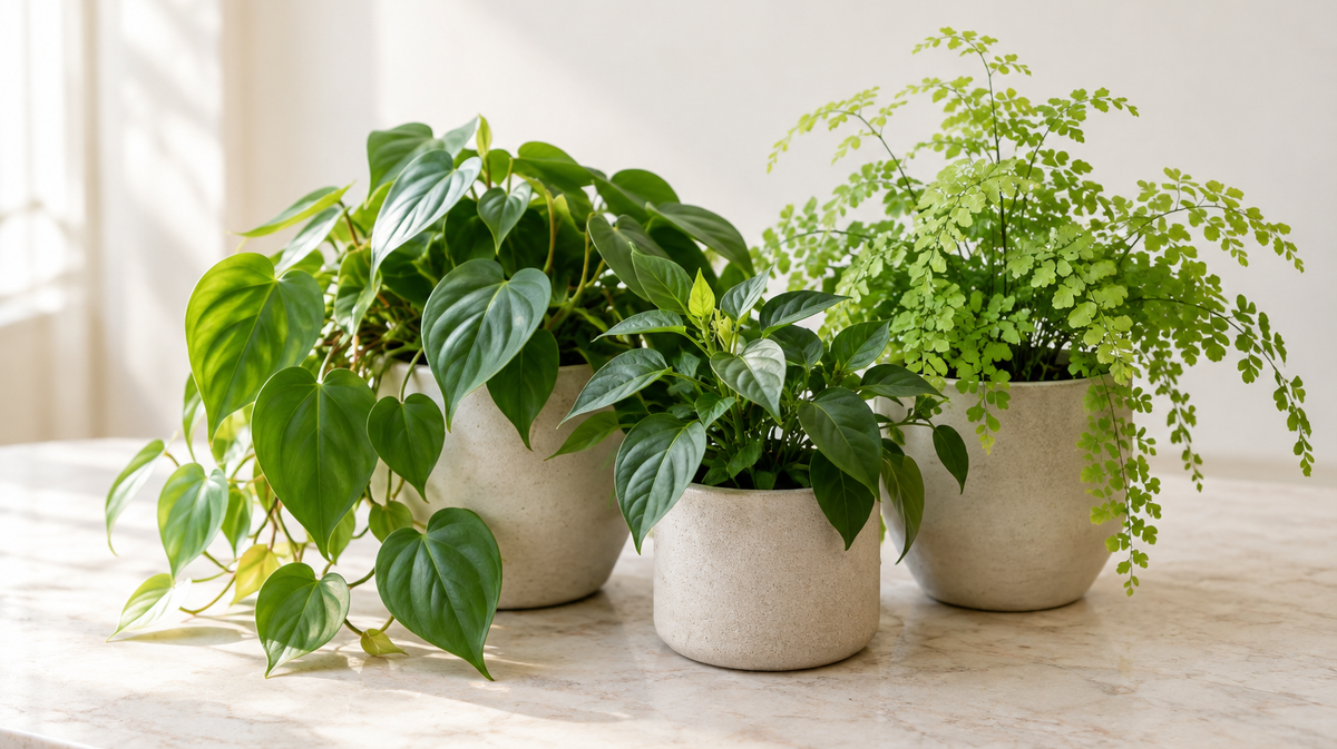Three potted plants with different leaf shapes on a pale surface.