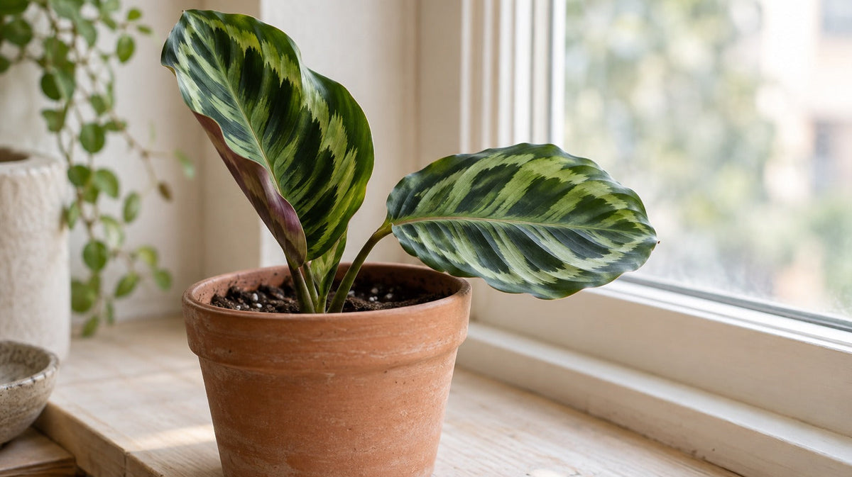 Photorealistic editorial image of a calathea on a windowsill with relaxed and cupped leaves.