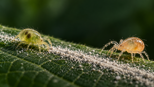 A pest mite and predatory mite encountering the same diatomaceous earth on a leaf.