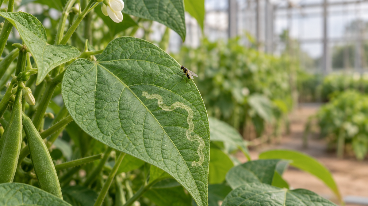AI-generated editorial illustration of a mined bean leaf with a tiny leafminer fly in a greenhouse.