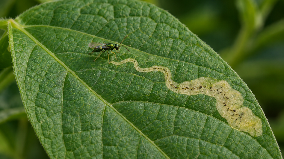AI-generated editorial illustration of a tiny metallic green parasitoid wasp beside a leaf mine.