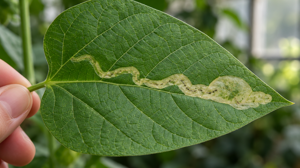 AI-generated editorial illustration of a backlit green leaf with a winding pale mine.