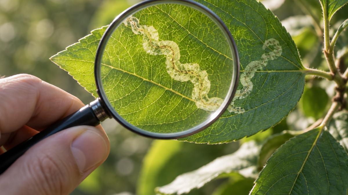 AI-generated editorial illustration of a magnifying lens held above a leaf mine.