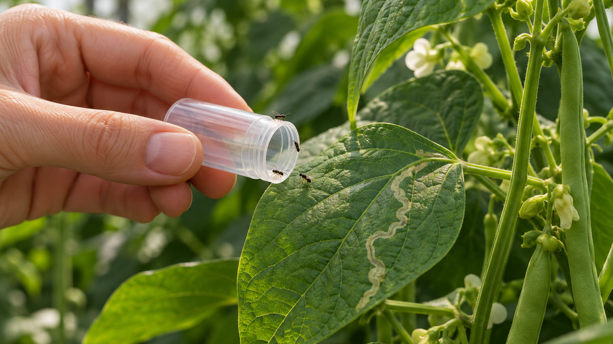 AI-generated editorial illustration of an open parasitoid shipping vial beside mined foliage.