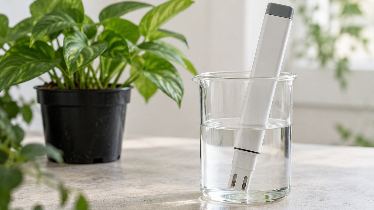 An electrical conductivity meter resting in a clear beaker beside a small green plant and a notebook.