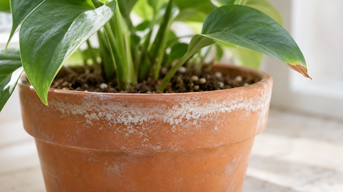 Chalky mineral deposits around the rim of a terracotta pot.