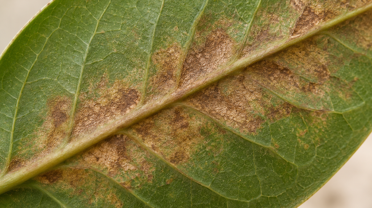 Generated depiction of bronze-brown flat mite feeding injury on a leaf underside.