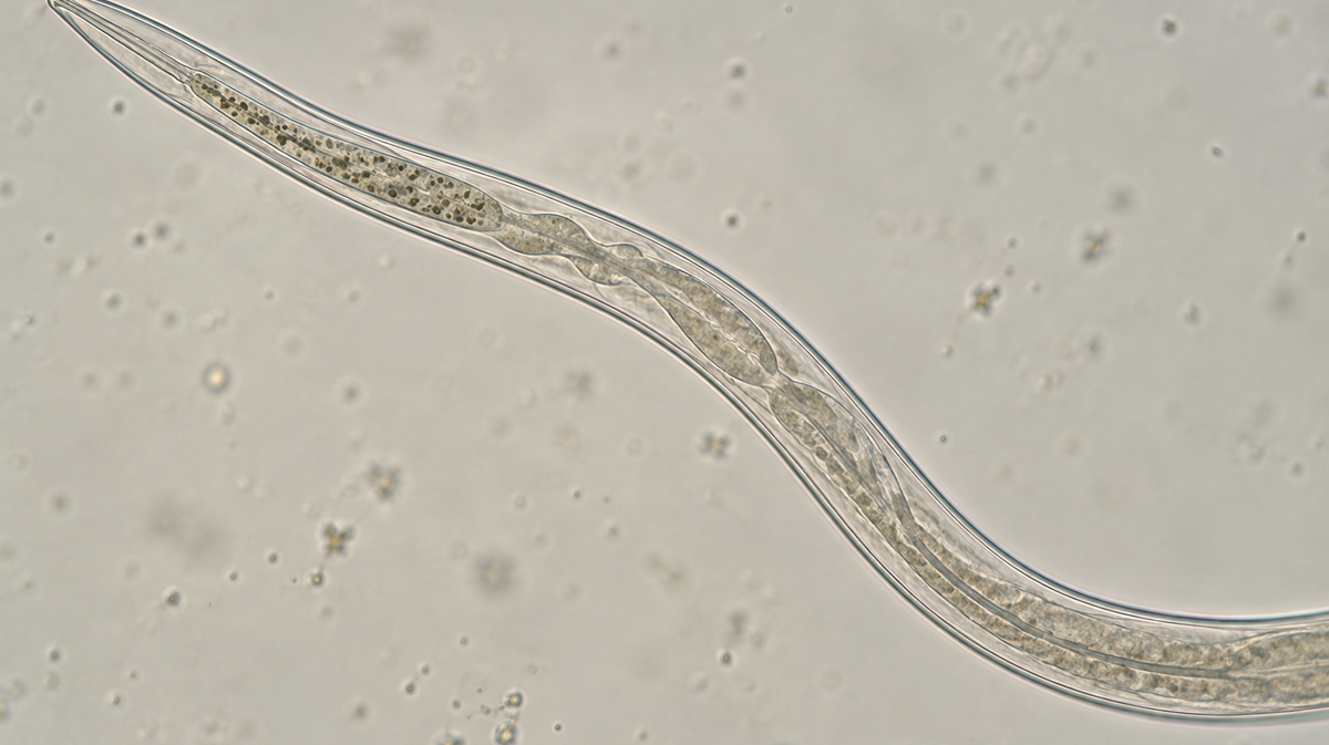 Microscopy-inspired nematode with a visible gut containing small bacterial forms.