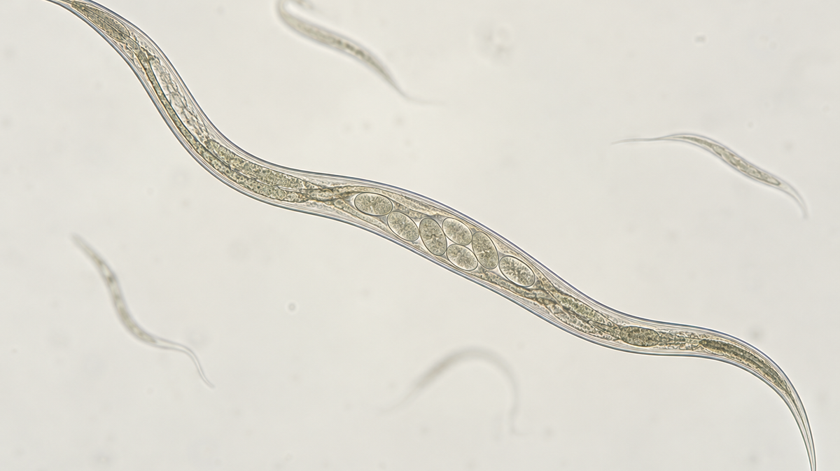 Microscopy-inspired adult nematode containing eggs, with young nematodes nearby.