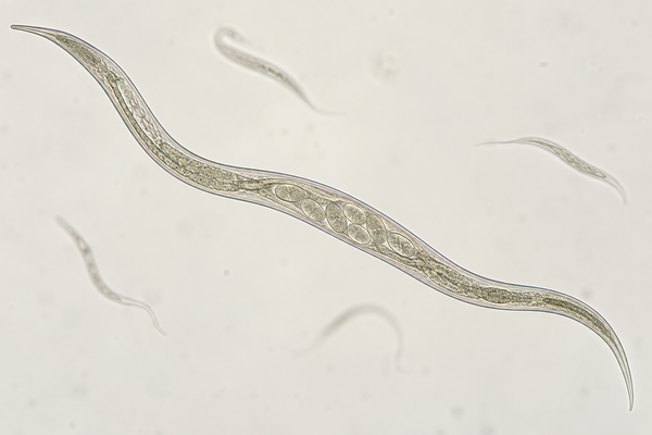 Microscopy-inspired adult nematode containing eggs, with young nematodes nearby.