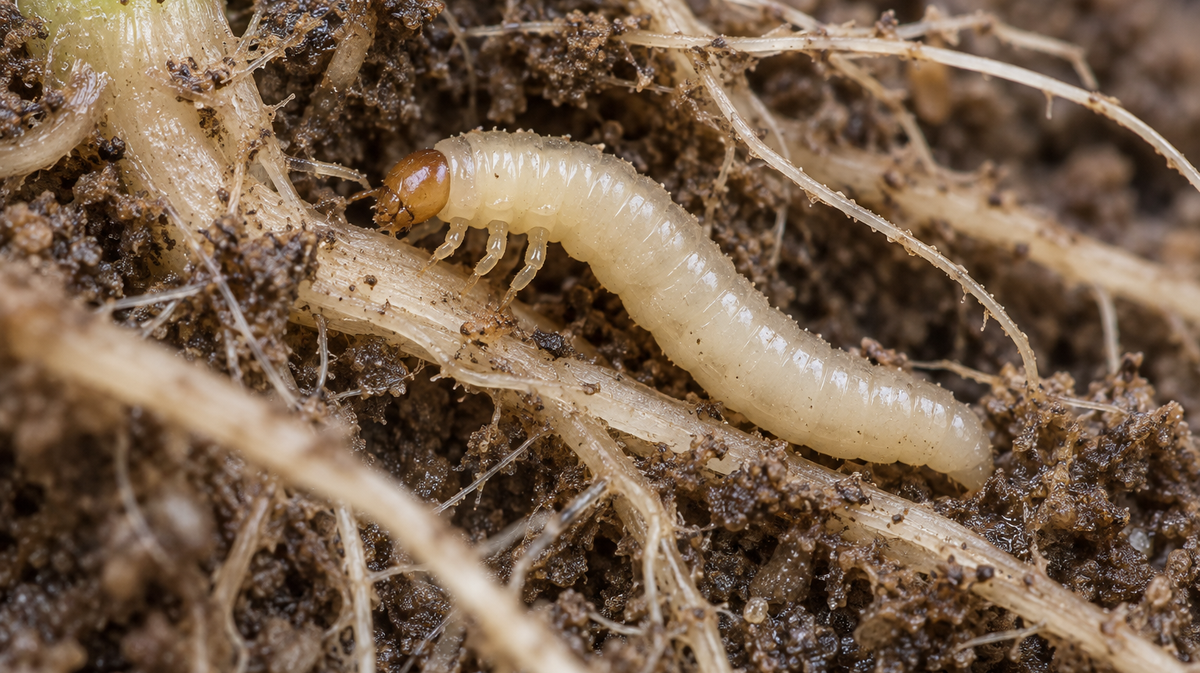 Photorealistic reconstruction of a corn rootworm larva feeding among maize roots.