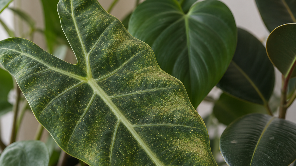 Fine pale stippling on an Alocasia leaf beside green neighboring plants.