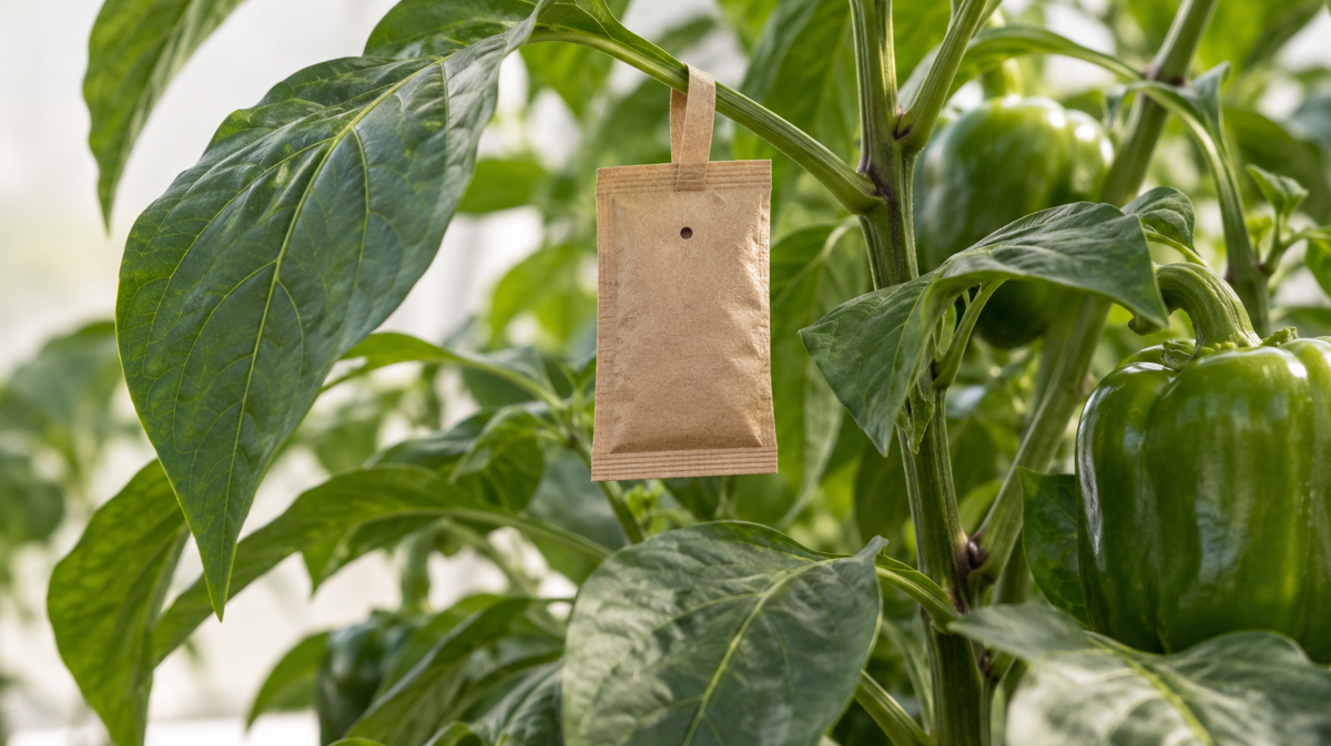 Plain kraft-paper predatory-mite sachet hanging within a green pepper plant canopy.
