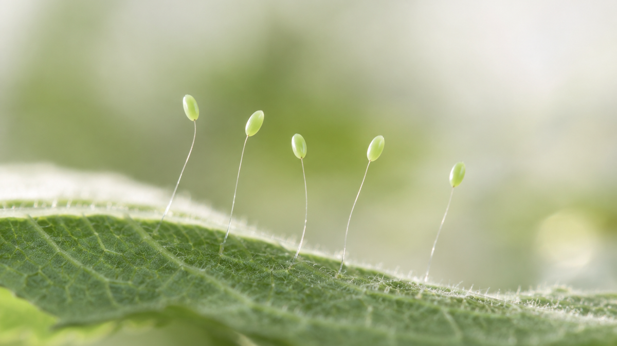 Pale green lacewing eggs on individual slender stalks above a leaf.
