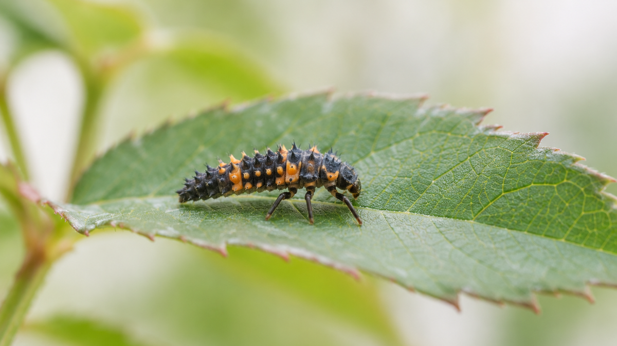 Dark spiny lady beetle larva with orange markings on a green leaf.