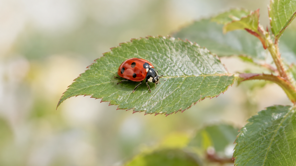 A red-and-black lady beetle resting on a green rose leaf.