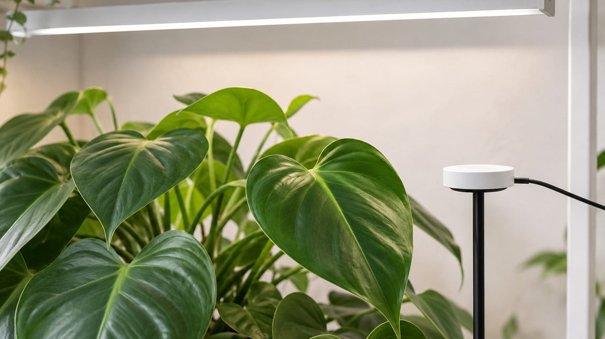A leafy plant beneath a slim grow light with a quantum light sensor positioned near the canopy.