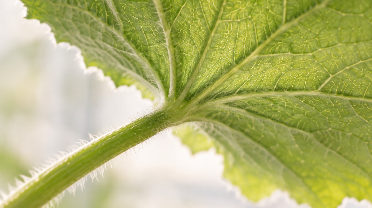 Close view of a cucumber leaf underside, veins, and fine hairs.