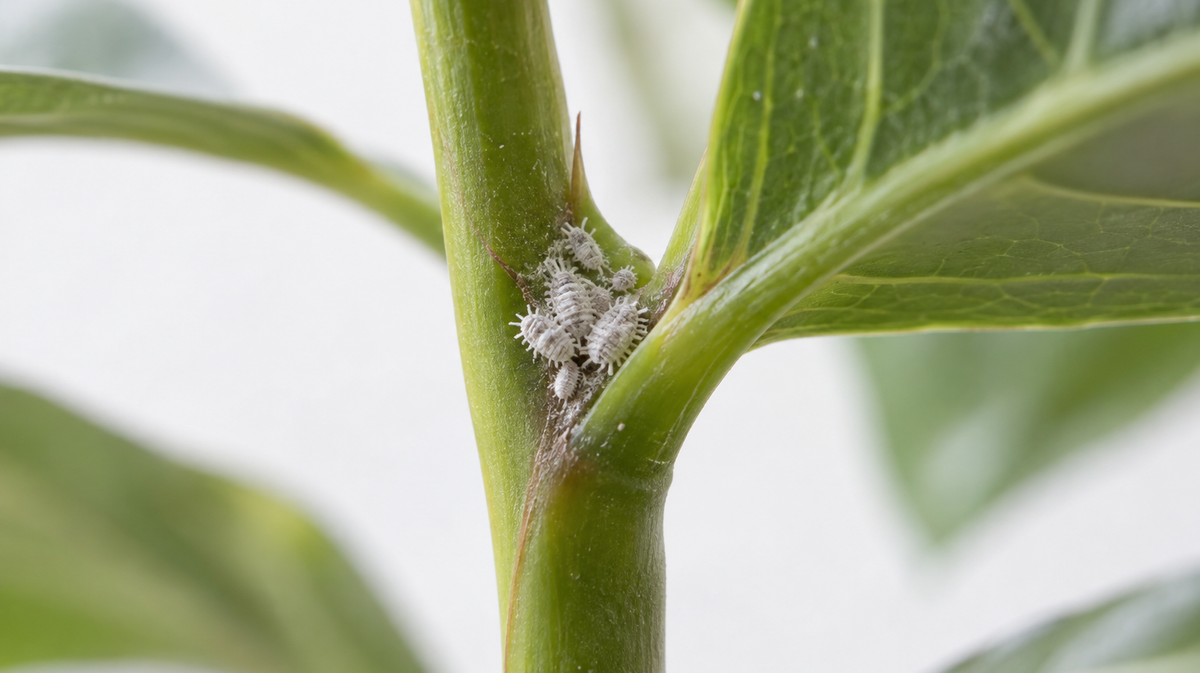 A small group of waxy white mealybugs clustered at a leaf axil.