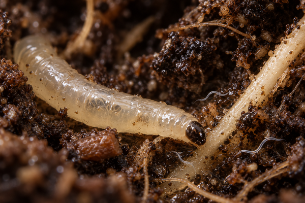 AI-generated macro reconstruction of a fungus gnat larva beside roots and beneficial nematodes in moist potting mix.